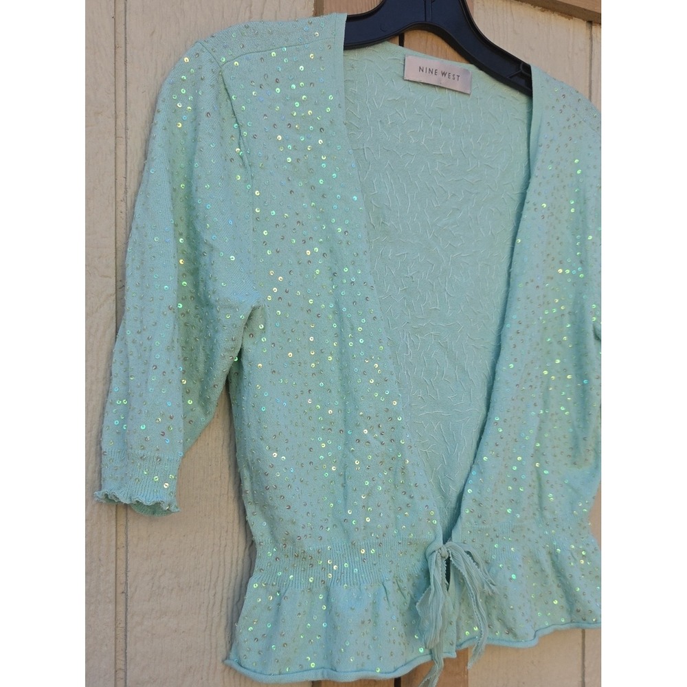 Vintage Cottage Core Coquette Sequin Cardigan Mint Green Peplum Fairy Garden - Picture 2 of 5